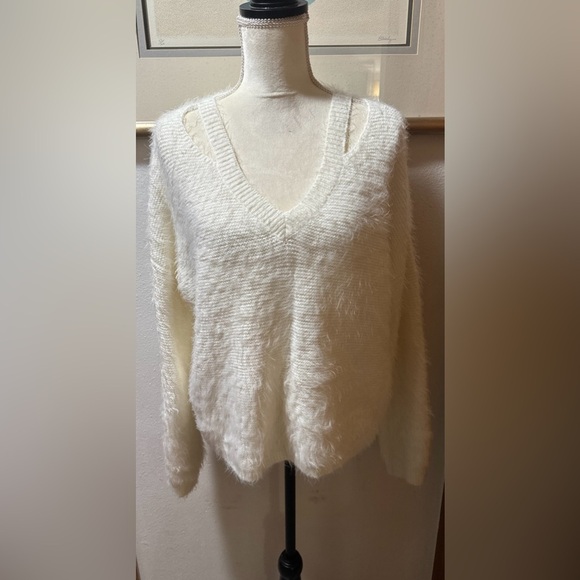 Love Stitch Fuzzy V-Neck Sweater With Cutout Neckline - Picture 1 of 12